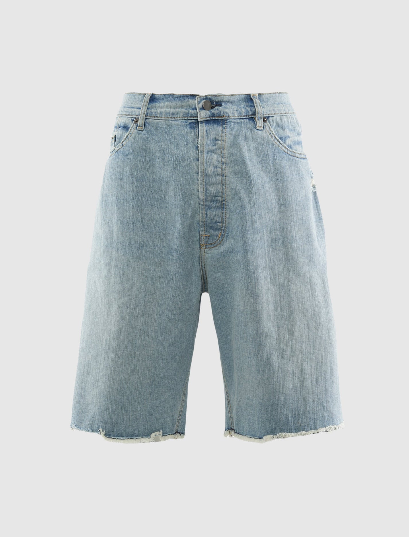 Light blue denim shorts on a white background