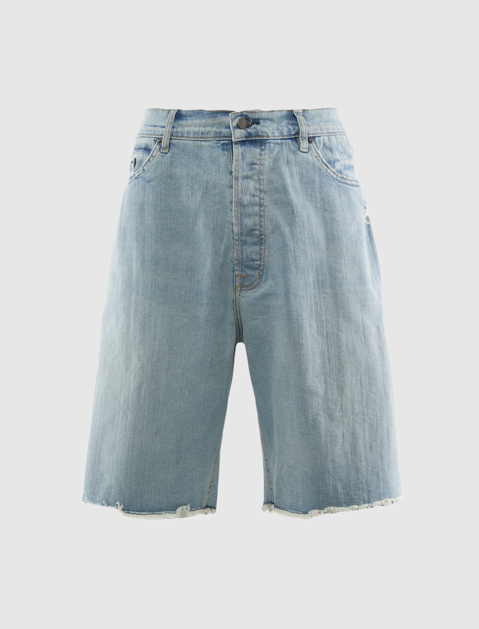 Light blue denim shorts on a white background