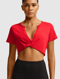 PERFORMANCE COTTON BLEND V-NECK CROPPED TWIST SHORT SLEEVE TOP